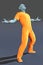 3D alien man in orange convict overalls and chains looking upwards