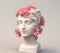 3D Ancient female statue with pink flowers on head. Greek, Roman kindness style.