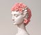 3D Ancient female statue with pink flowers on head. Greek, Roman kindness style.