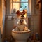 3d animated cartoon funny cute character dog with phone sits on the toilet bowl in the bathroom