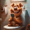 3d animated cartoon funny cute character dog with phone sits on the toilet bowl in the bathroom