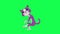 3D animated purple magic talking cat sitting talking from right angle on green screen 3D people walking background chroma key Visu
