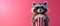 A 3D animated raccoon with glasses and a popcorn bucket on a vivid pink background, ideal for cinema-related