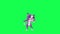 A 3D animated talking purple cat dancing and cheering on her friends from a front angle on a green screen 3D people walking backgr
