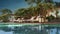 3d animation close shot of beach chairs, lamp & egg flower trees on poolside