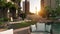 3d animation close shot of residential landscaping at sunset with buildings and clock tower in background