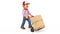 3D Animation footage delivery man pushing a hand truck with boxes with white background photo-jpg