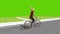 3d animation of a girl riding a bicycle on green screen background
