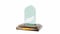 3d animation, glass award trophy or winner prize on wooden pedestal, front view. Mockup empty crystal cylindrical plate