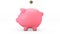 3d animation of Golden coins falling into a piggy bank. Pink piggy bank Get bigger when receiving coins .Money saving concept.Isol