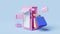 3d animation, mobile phone or smartphone with store front, hand holding colorful shopping paper bags, shopping basket, credit card