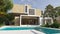3D animation of a modern cubic house with pool and garden
