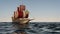 3D Animation of an old wooden warship on the ocean