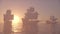 3D Animation of old wooden warships fleet on a foggy ocean at sunset