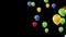 3D animation of rising red, blue, yellow and green balloons.