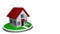 3D animation of a small house with a red roof on a white disk, with a mailbox in front. The house rotates 360 degrees