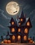 3D animation style of abandoned building with the moon of night cloudy and punpkins, halloween theme, printable, cartoonish