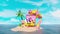 3d animation, summer travel with yellow suitcase, beach chair, island, camera, umbrella, coast, coconut tree, sandals, hot air