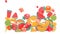 3d animation of various fruits in fruit salad falling into a glass container.