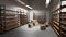 3d animation warehouse with pile stacked cardboard boxes and empty racks. Storage room interior with goods, cargo or