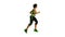 3D animation of a woman in green and black fitness gear jogging.