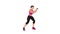 3D animation of a woman in magenta and black fitness gear doing a martial arts kick.