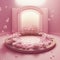 3D arch and round podium display, pastel pink background with flowers