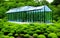A 3D architectural concept rendering of a glass house in a lush green yard