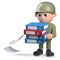 3d army soldier character carrying folders and dropping some documents