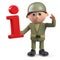 3d army soldier character holding an information symbol