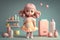 3d artwork of cute little girl, soft pastel gradients, pop mart toys