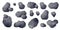 3D asteroid set, vector space coal kit, cosmos game meteorite clipart, sci-fi moon stone collection.