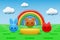 3D baby background. Toy product podium. Cute studio scene with display and clouds. Rainbow and funny animals muzzles