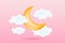 3d baby shower, crescent moon with clouds and stars on pink background, childish design in pastel colors. Background