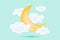 3d baby shower, waxing moon with clouds on a soft green background, childish design in pastel colors.