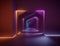 3d background empty room islam temple. Spotlight, colorful neon light, reflection on tiles. Laser lines, shapes, smog