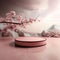 The 3D background a geometric platform in soft pink tones with a sakura branch. mockup