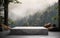 3d background product display podium scene with cube stone stand concept. with green foggy woods and mountains background