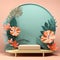 3D background products display a podium stage with a geometric platform and tropical leaves. mockup