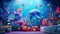 3D background view of an underwater world teeming with friendly dolphins, colorful