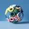 3d ball combined of mixed colorful geometric shapes isolated on blue, abstract background, stack of toys, assorted primitives
