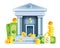 3D bank building vector icon, golden coin stack, dollar bills, finance house facade, safe deposit concept.