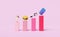 3d bar graph with food, oil barrel, delivery truck, wage icon isolated on pink background. high inflation, expensive, saving money