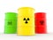 3d barrels with radiations bio hazard and toxic material symbols