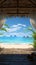 A 3D beach gazebo, palm fringed tropical coast, endless ocean horizon