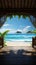 A 3D beach gazebo, palm fringed tropical coast, endless ocean horizon