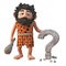 3d bearded cartoon caveman character has carved a question mark symbol in rock, 3d illustration