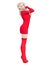 3D beautiful blonde short red knitted tunic dress long boots.