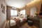 3D. Beautiful bright bedroom interior in soothing warm colours and beige tones