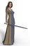 3D beautiful medieval woman holding a sword. Particularly suited to book cover art and design in the historical and highlander